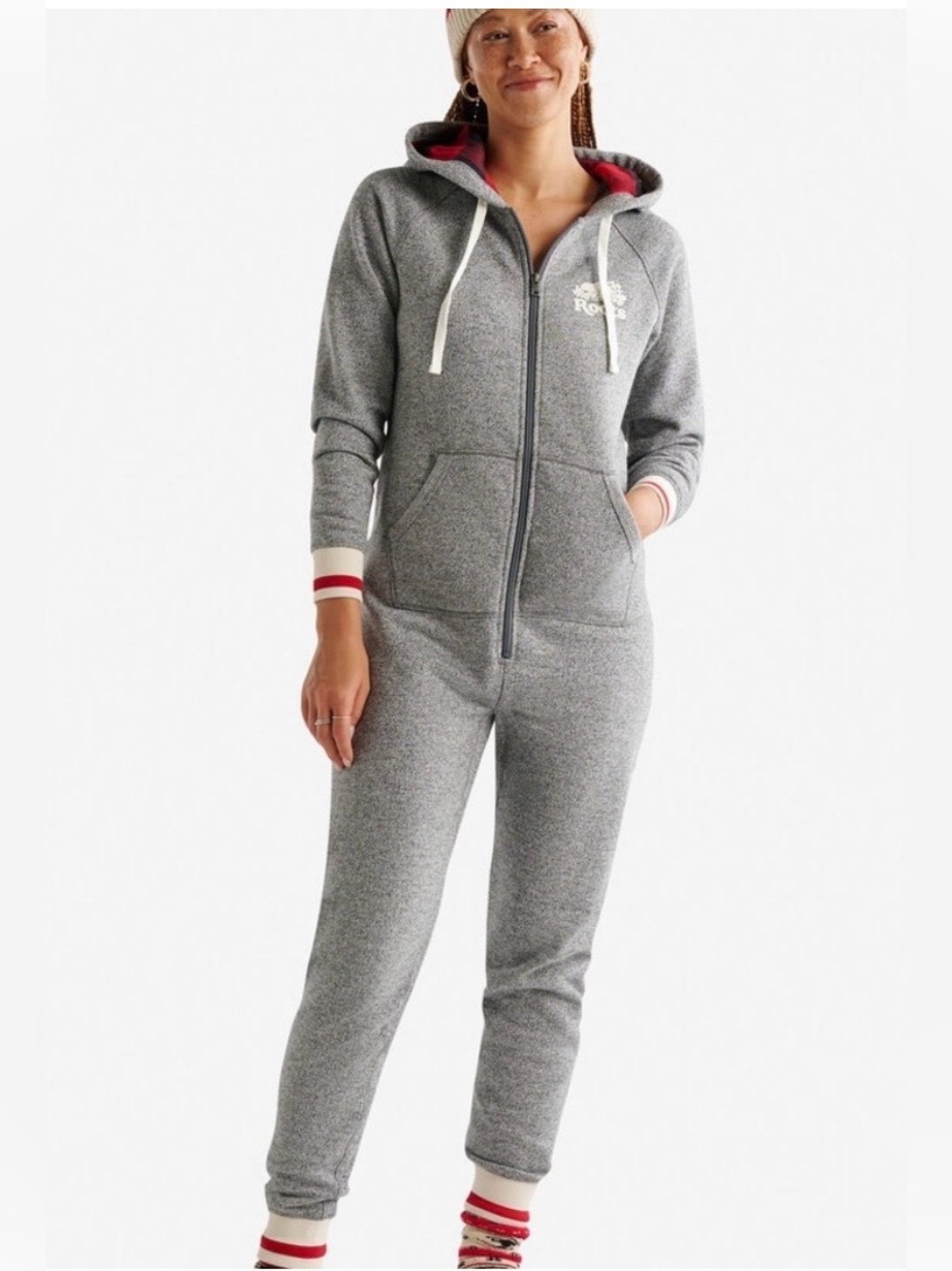 Roots comfy cozy salt and pepper grey hooded Cabin Onesie pyjama • like new